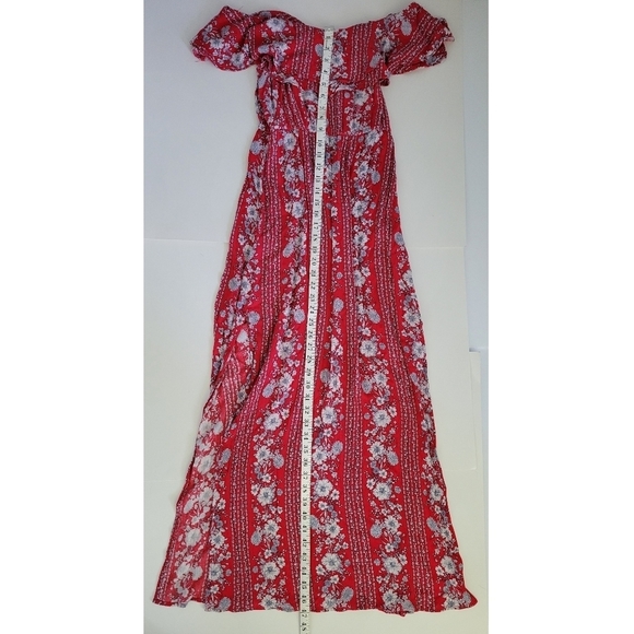 Forever 21 Red Floral Cottagecore Slubbed Cotton Off Shoulder Maxi Dress - Picture 7 of 9